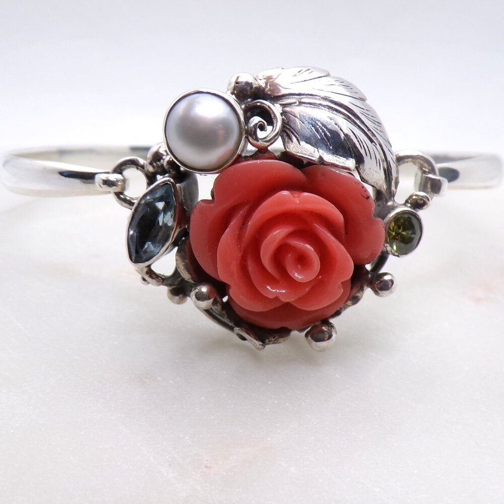 Beautiful 925 Sterling Silver Rose Bangle Bracelet with Multi Color Gemstones